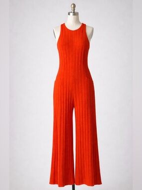 Free People Beach Ribbed Knit Jumpsuit XS Red Wide Leg Boho Lounge NWT